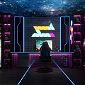 Futuristic Esports Room Featuring Starry Ceiling Neon Lighting Gaming Chair And Display Shelves