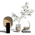 Modern Decorative Ornament Set with Green Plant Golden Accents Transparent Vase and Black Base