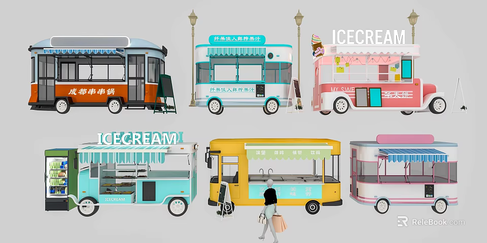 Vibrant Mobile Functional Vehicles Designed for Ice Cream Vending with Various Styles 3d model