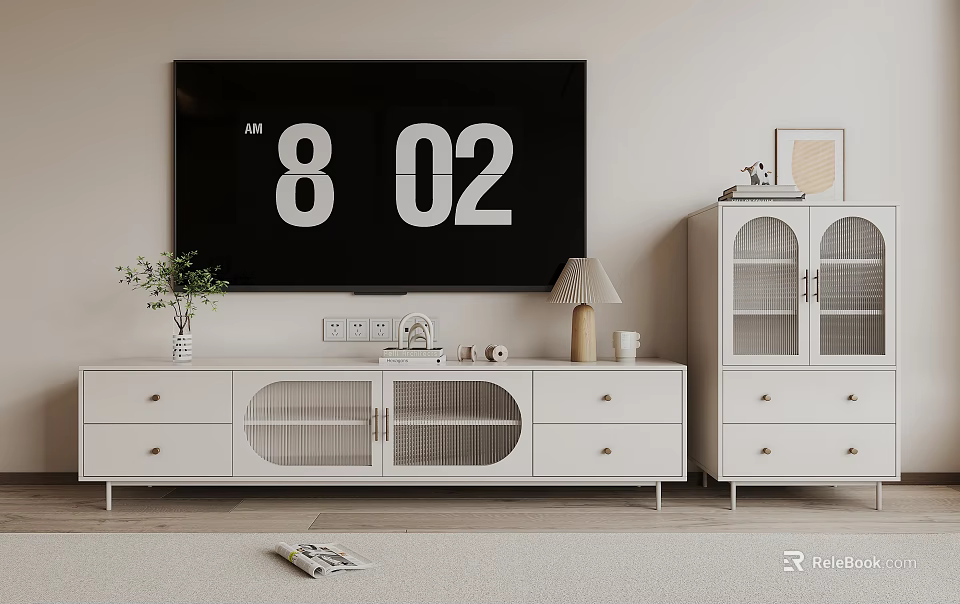 Modern White TV Stand With Drawers Glass Doors Table Lamp And Decorative Items 3d model 