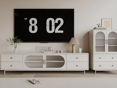 Modern White TV Stand With Drawers Glass Doors Table Lamp And Decorative Items 3d model