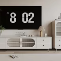 Modern White TV Stand With Drawers Glass Doors Table Lamp And Decorative Items