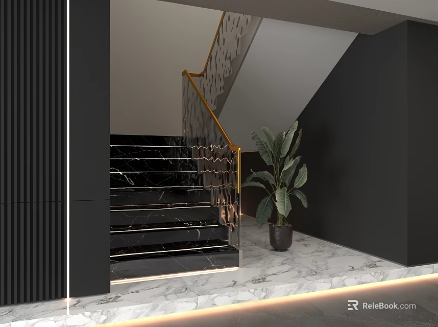 Elegant Black Marble Staircase With Gold Handrail Potted Green Plant And Ambient Lighting 3d model 