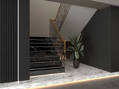 Elegant Black Marble Staircase With Gold Handrail Potted Green Plant And Ambient Lighting 3d model