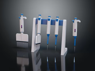 Laboratory Medical Pipettes With White Blue Structure And Rack For Precision Liquid Handling 3d model