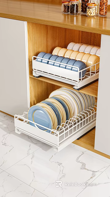 White Metal Kitchen Drawer Organizer With Blue Yellow Bowls And Plates 3d model 