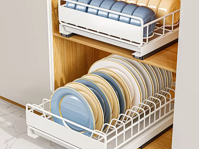 White Metal Kitchen Drawer Organizer With Blue Yellow Bowls And Plates 3d model