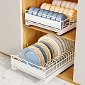 White Metal Kitchen Drawer Organizer With Blue Yellow Bowls And Plates