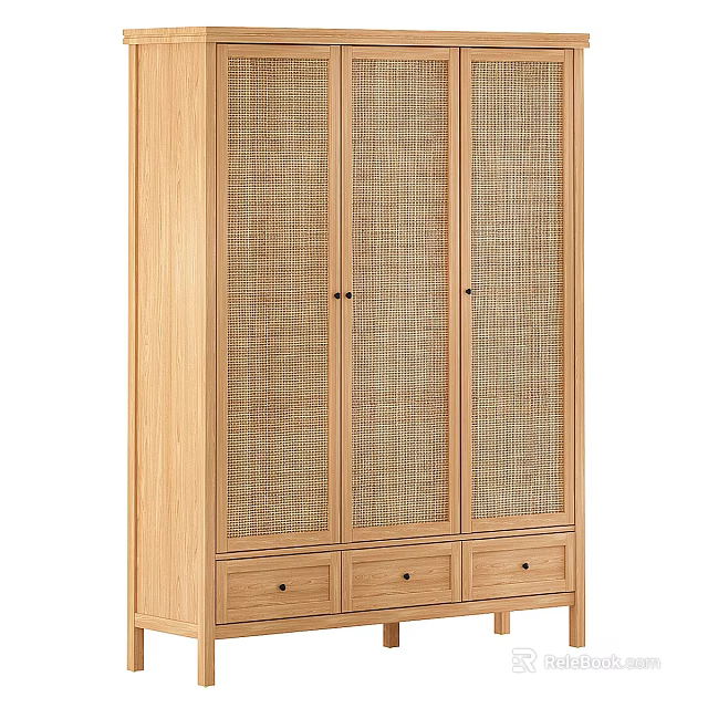 Wooden Sideboard With Rattan Panel Doors and Storage Drawers in Modern Home Interior 3d model 