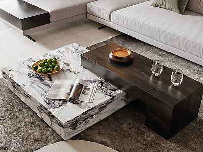 Modern Coffee Table With Marble Top Green Fruits Magazine Brass Bowl And Glass Cups 3d model