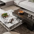 Modern Coffee Table With Marble Top Green Fruits Magazine Brass Bowl And Glass Cups