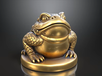 Golden Lucky Toad Decorative Ornament Set With Circular Base And Textured Design 3d model