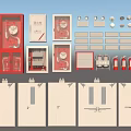 Fire Safety Equipment Display With Red Cabinets Extinguishers Alarms And Signs On Gray Wall