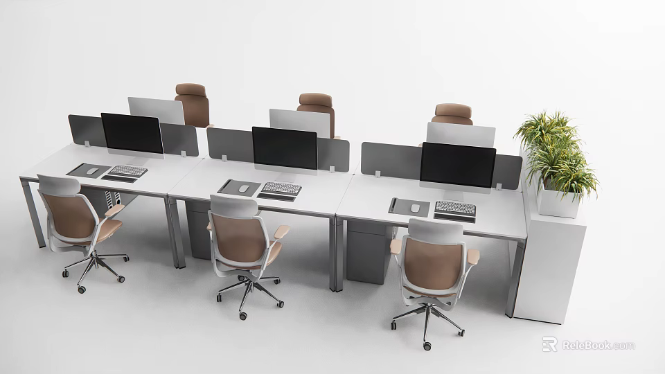 Modern Office Desk With Multiple Workstations Computer Monitors Ergonomic Chairs And Potted Plant 3d model 