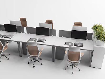 Modern Office Desk With Multiple Workstations Computer Monitors Ergonomic Chairs And Potted Plant 3d model