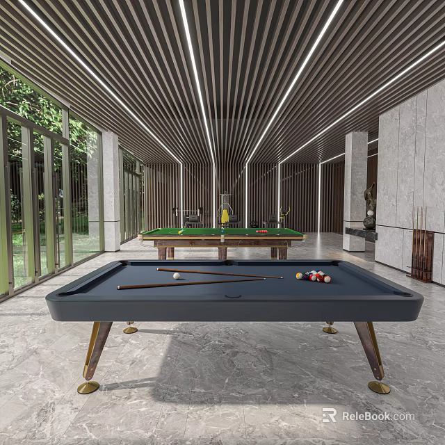 Modern Billiard Room Interior With Pool Tables And Natural Light 3d model