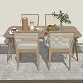 Modern Wooden Dining Table Set With Rattan Back Chairs Fruits Plant And Kettle