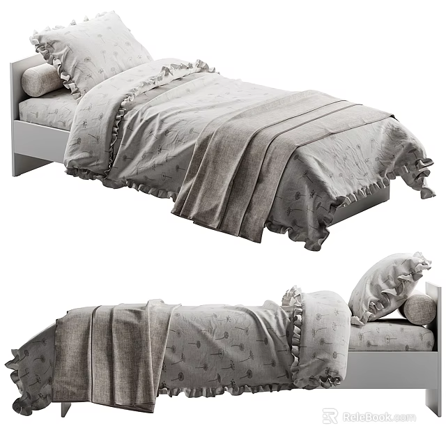 Modern Single Bed With Soft Gray Bedding Fringed Blanket And Comfortable Pillows 3d model 