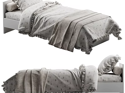 Modern Single Bed With Soft Gray Bedding Fringed Blanket And Comfortable Pillows 3d model