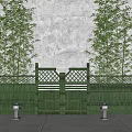 Green Bamboo Fence With Lattice Gate And Tall Bamboo Plants Outdoor View