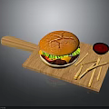 Juicy Hamburger Served With French Fries And Sauce On Wooden Cutting Board