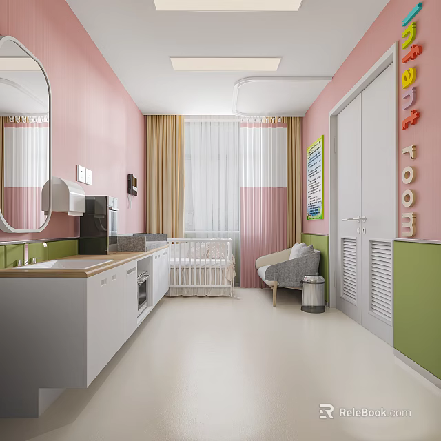 Colorful Nursery Room Interior With Pink Green Walls Crib Chair Mirror Sink Cabinets Curtains Letters 3d model 