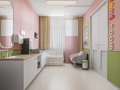 Colorful Nursery Room Interior With Pink Green Walls Crib Chair Mirror Sink Cabinets Curtains Letters 3d model
