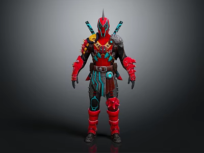 Game Movie Character Wearing Red Black Armor With Blue Accents And Dual Swords 3d model