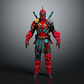 Game Movie Character Wearing Red Black Armor With Blue Accents And Dual Swords