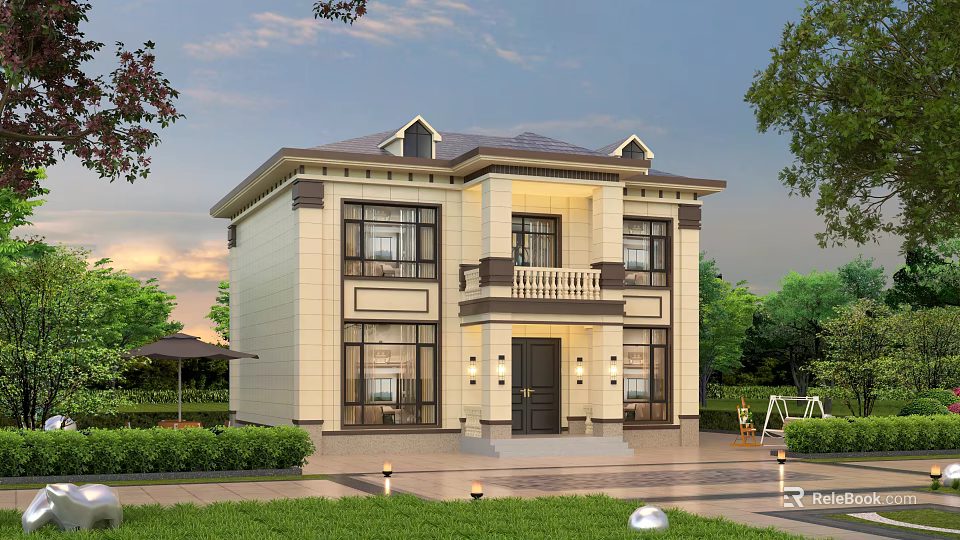 Two Story Detached Villa Exterior Design With Balcony Green Lawn And Outdoor Lighting 3d model 