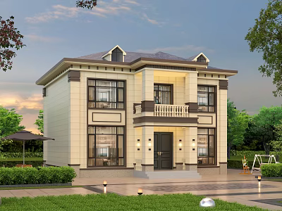 Two Story Detached Villa Exterior Design With Balcony Green Lawn And Outdoor Lighting 3d model