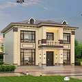 Two Story Detached Villa Exterior Design With Balcony Green Lawn And Outdoor Lighting