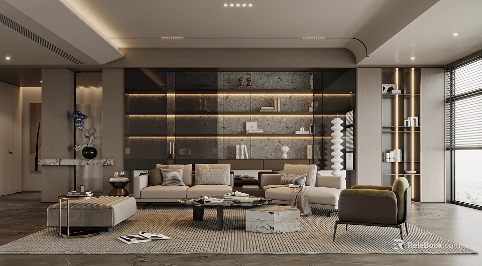 Modern Living Room Interior Design With Sofa Armchair Decorative Shelves And Recessed Lighting 3d model 