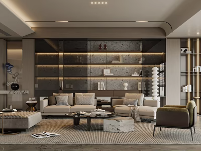 Modern Living Room Interior Design With Sofa Armchair Decorative Shelves And Recessed Lighting 3d model