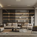 Modern Living Room Interior Design With Sofa Armchair Decorative Shelves And Recessed Lighting