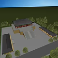 Aerial Planning of Traditional Chinese Architecture with Yellow Walls Black Roofs Open Square and Trees