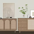 Wooden Entryway Cabinet and Sideboard with Arched Lattice Doors Drawers Vases Plants Picture Frames