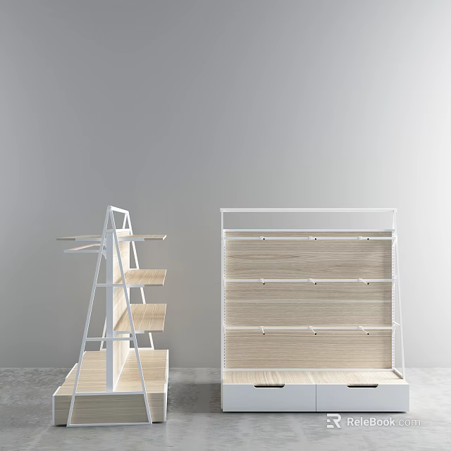 Modern Display Shelves Featuring White Metal Frame and Wooden Shelves in Various Designs 3d model 