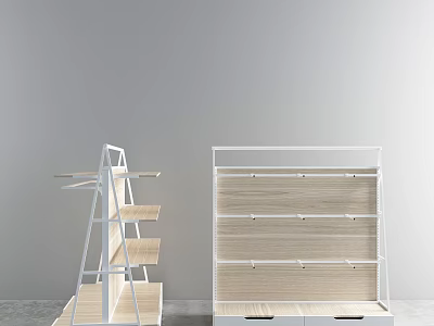 Modern Display Shelves Featuring White Metal Frame and Wooden Shelves in Various Designs 3d model