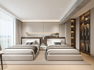 Modern Bedroom Interior With Twin Beds Open Wardrobe And Floor to Ceiling Windows 3d model