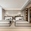 Modern Bedroom Interior With Twin Beds Open Wardrobe And Floor to Ceiling Windows