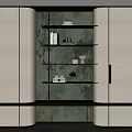 Elegant Modern Decorative Cabinet with Multiple Shelves Displaying Books Bowls Vases and Green Plant Design