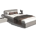 Modern Double Bed With Gray Headboard White Mattress Brown Pillows Blanket And Stuffed Toys