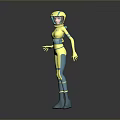 Futuristic Astronaut Character In Yellow Blue Suit With Helmet And Alien Creature In Space Setting