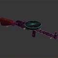 Vintage Machine Gun Featuring Wooden Grip Circular Drum Magazine And Chain Feed Mechanism