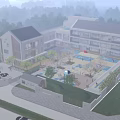 Modern School Building Exterior With Greenery Playground Parking Area And Surrounding Trees