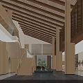 High Ceiling Natural Wood Hotel Lobby Front Reception Area With Bright Open Public Lounge