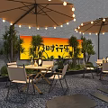 Outdoor Café Seating Space With String Lights Umbrellas And Yellow Backdrop 3d model