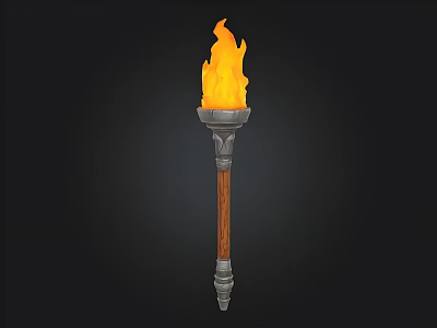 Traditional Torch With Bright Orange Flame And Wooden Handle Metal Shaft 3d model