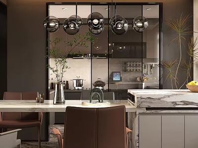 Modern Restaurant Interior With Spherical Chandeliers Marble Counter Cabinets And Green Plants 3d model